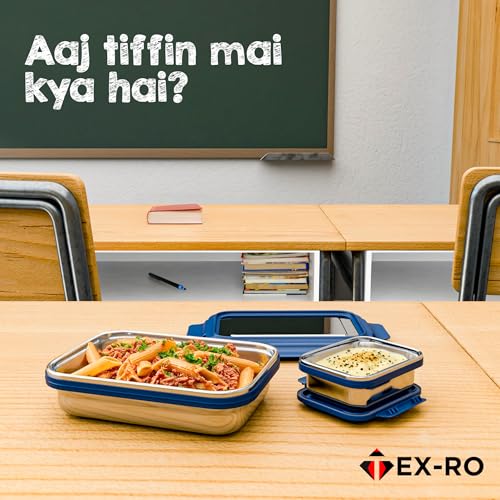 Image of TEX-RO Tiffin Box Steel | Stainless Steel Lunch Boxes | Steel Lunch Box for School | Leakproof Stainless Steel Tiffin Box for Kids, School, Office - Blue