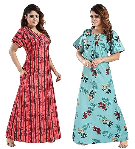 Image of YKI Women's /Girls Cotton Fabric Beautiful Print Nighty /Nightgown /Nightwear /Nightdress with Pocket (Pack of 2)