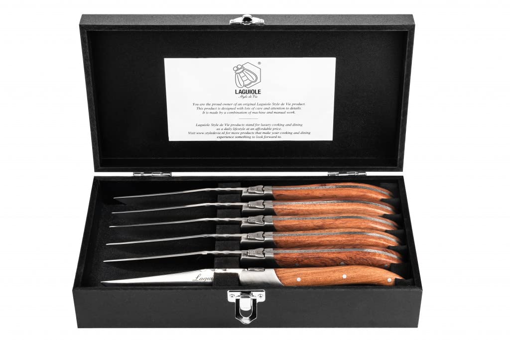 Laguiole Style de Vie Luxury Line Steakmesser Rose Pakkaholz 6-teilig - Grillmesser - Tischmesser - Küchenmesser - Messer Set