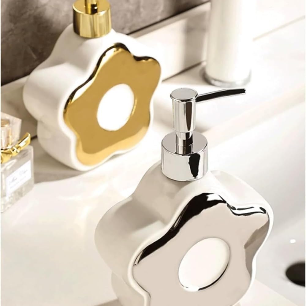 Dozownik mydła łazienkowego Dozownik do mydła w płynie do rąk i naczyń w kształcie kwiatka, ceramiczny, 350 ml, do kuchni i łazienki, do użytku komercyjnego Dozowniki łazienkowe(Silver)