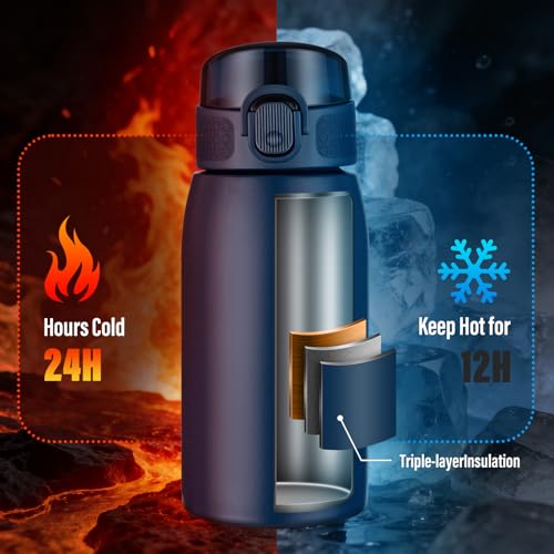 Image of Insulated Water Bottle 12 oz with Dustproof Lid, Carry Handle & Tea Infuser, BPA-Free & Leakproof, Stainless Steel Water Bottles Ideal for Fitness, Hiking, Office & Outdoor Use (Dark Blue )