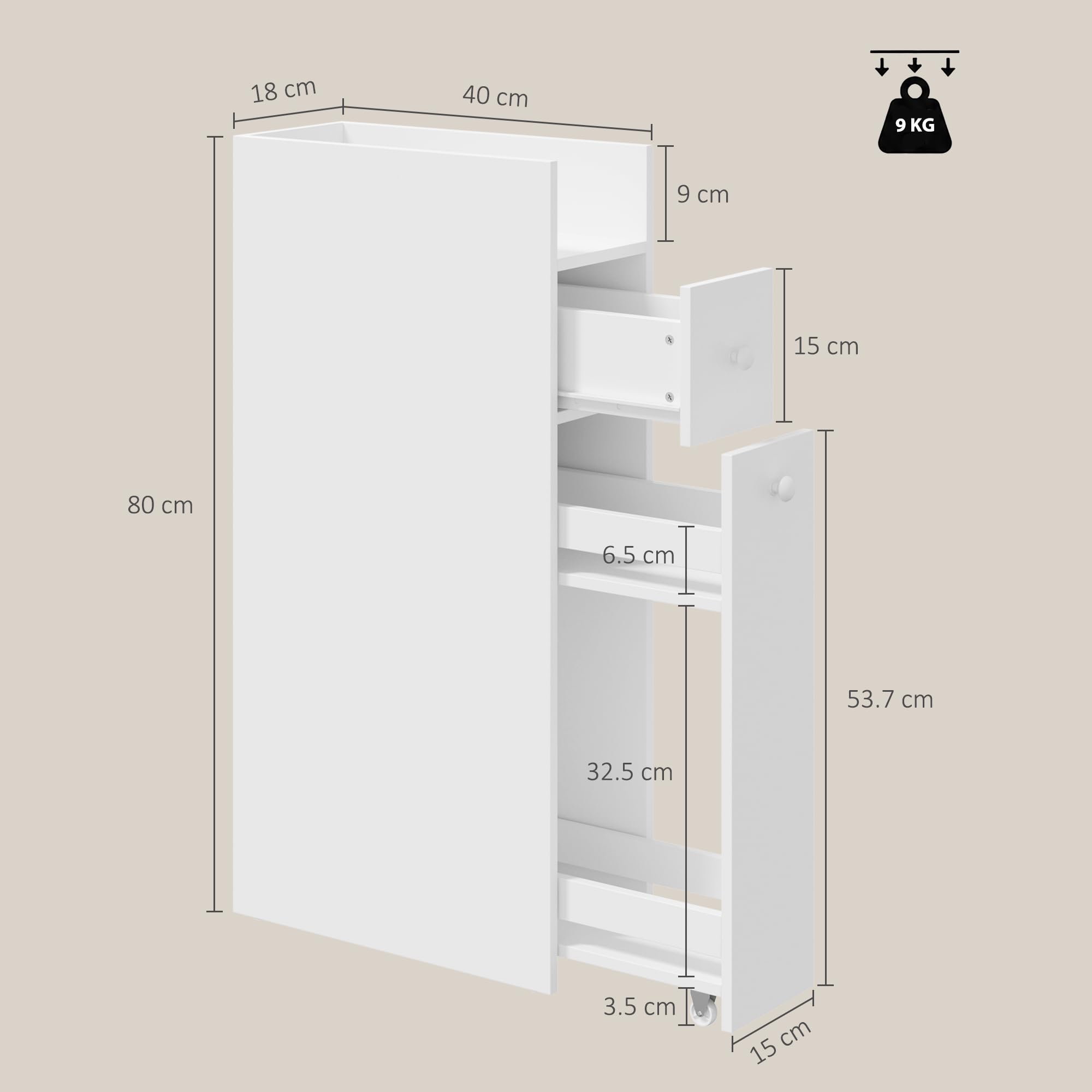 HOMCOM Mobiletto Bagno Salvaspazio con Ripiano Aperto e Cassetti, Bianco