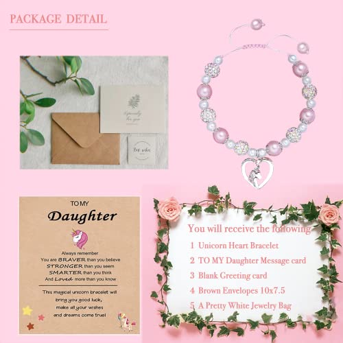 Unicorns Gifts For Girls Her Charm Bracelets Heart Unicorns Bracelet For Girls To My Daughter Bracelet Pink Pearl Rhinestone Bracelet Adjustable Jewelry Birthday Valentines Gifts For Girls (Unicorn Heart&Daughter) #TOP3