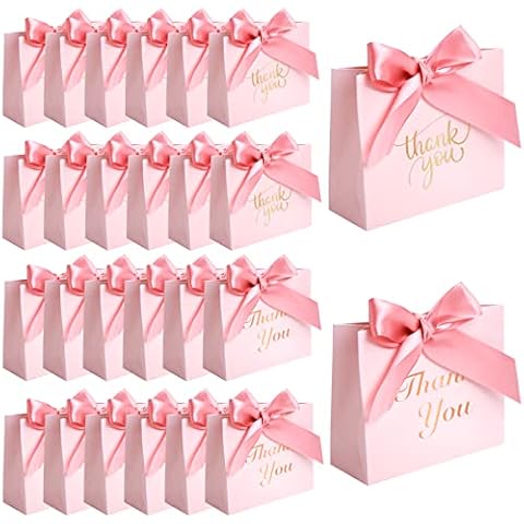 VGOODALL 24PCS Small Thank You Gift Bags, Mini Party Favor Bags Pink Candy Bags Treat Boxes Paper Gift Bags with Bow Ribbon for Wedding Bridal Baby Shower Birthday Party Cover