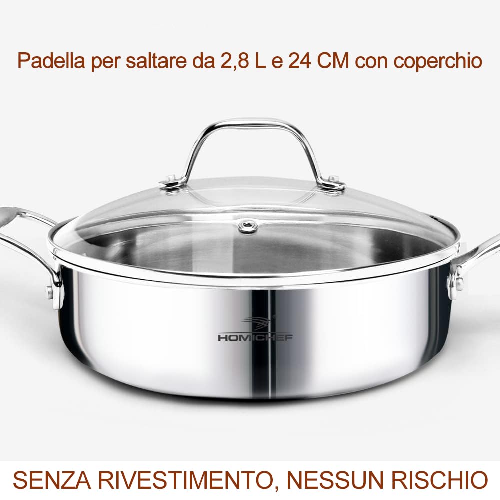 HOMICHEF 14 pezzi set di pentole in acciaio inox senza nichel, rivestito in 3 strati - Set di pentole e padelle lucidate a specchio - Pentole salutari con vaporiera - Pentole a induzione atossiche
