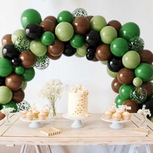 Image of Green and Brown Balloons, 50PCS 12 Inch Camouflage Green Black Brown Ballons, Dark Emerald Green Confetti Balloon for Camping Game Jungle Theme Camo Birthday Army Party Decorations