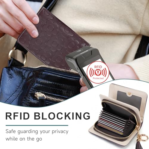 RFID Blocking Wallet Women Cute Embossed Floral Leather Credit Card Holder Wallet for Women with Tassel Accordion Purse Bifold Ladies Small Womens Wallets with Zipper Coin Pocket Coffee3