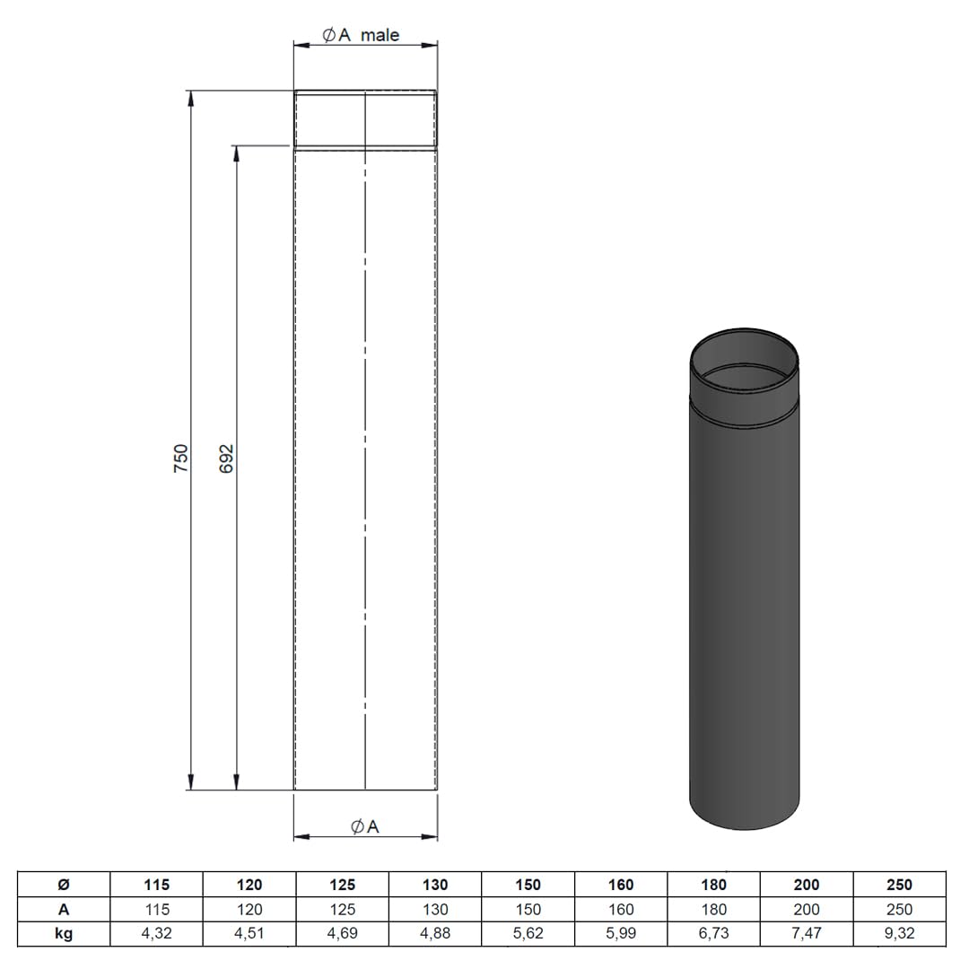 Feuercampus Ofenrohr Ø 150 mm, Schwarz, 75 cm – Hochwertiges Stahlblech, hitzefest, CE-zertifiziert, ideal für Kaminöfen und Regelfeuerstätten.