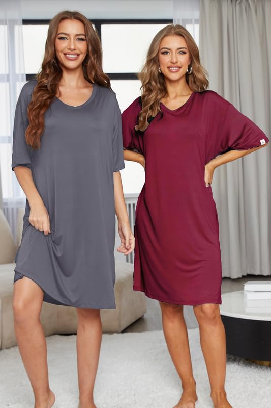 Image of ft FENTENG 2-Pack Women's Nightgowns Short Sleeve Nightshirt V Neck Soft Sleepwear Casual Sleepshirts Loose Pajama Dress