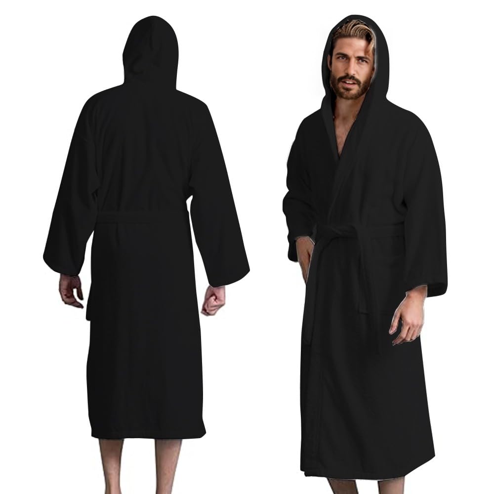 Men’s Hooded Bathrobe, 100% Cotton Terry Bathrobe, Spa Style Bath Robe, Absorbent Shower Robe, Lightweight Towel Bathrobes
