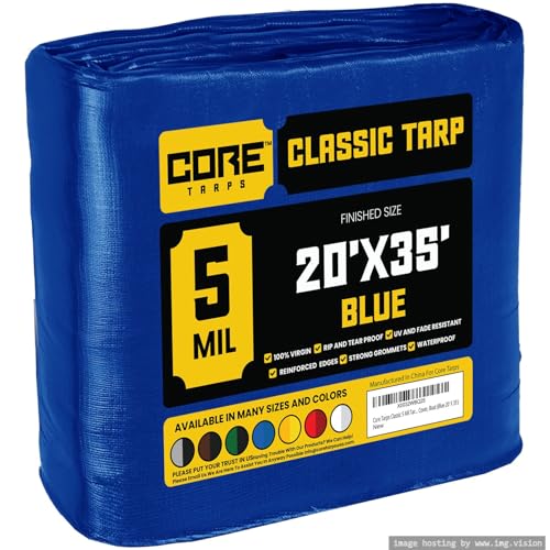 Core Tarps Lona de protección Lona Impermeable con Ojales, (6.1m X 10.65m, 105 g/m²) 5 Mil, Funda Protectora para Techo, Barco, Muebles, Jardín, Piscina, Coche,Azúl