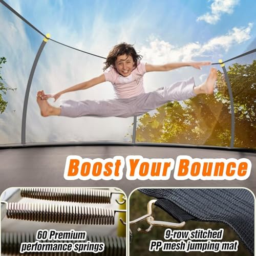 Image of 14FT Pumpkin Trampoline for Kids Adults, ASTM Approved Outdoor Recreational Trampoline with Basketball Hoop, Balance Bar and Enclosure Net, Yellow