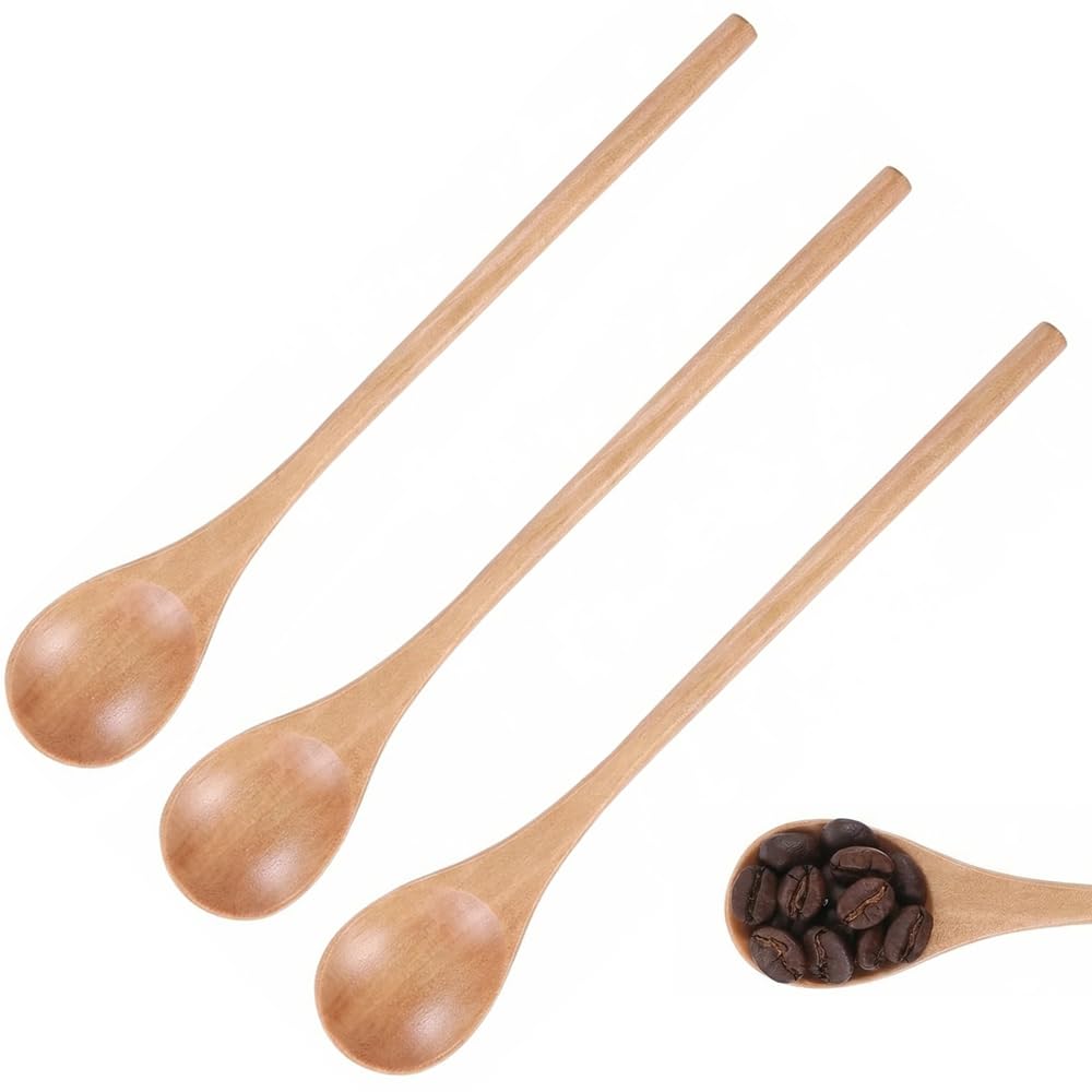 3PCS Wooden Spoons Long Handle Mixing Stirring Utensils 20cm Natural Solid Wood Oval Scoop for Adults Chefs Professionals for Cooking Baking Coffee Honey Jars for Home Kitchen Dining