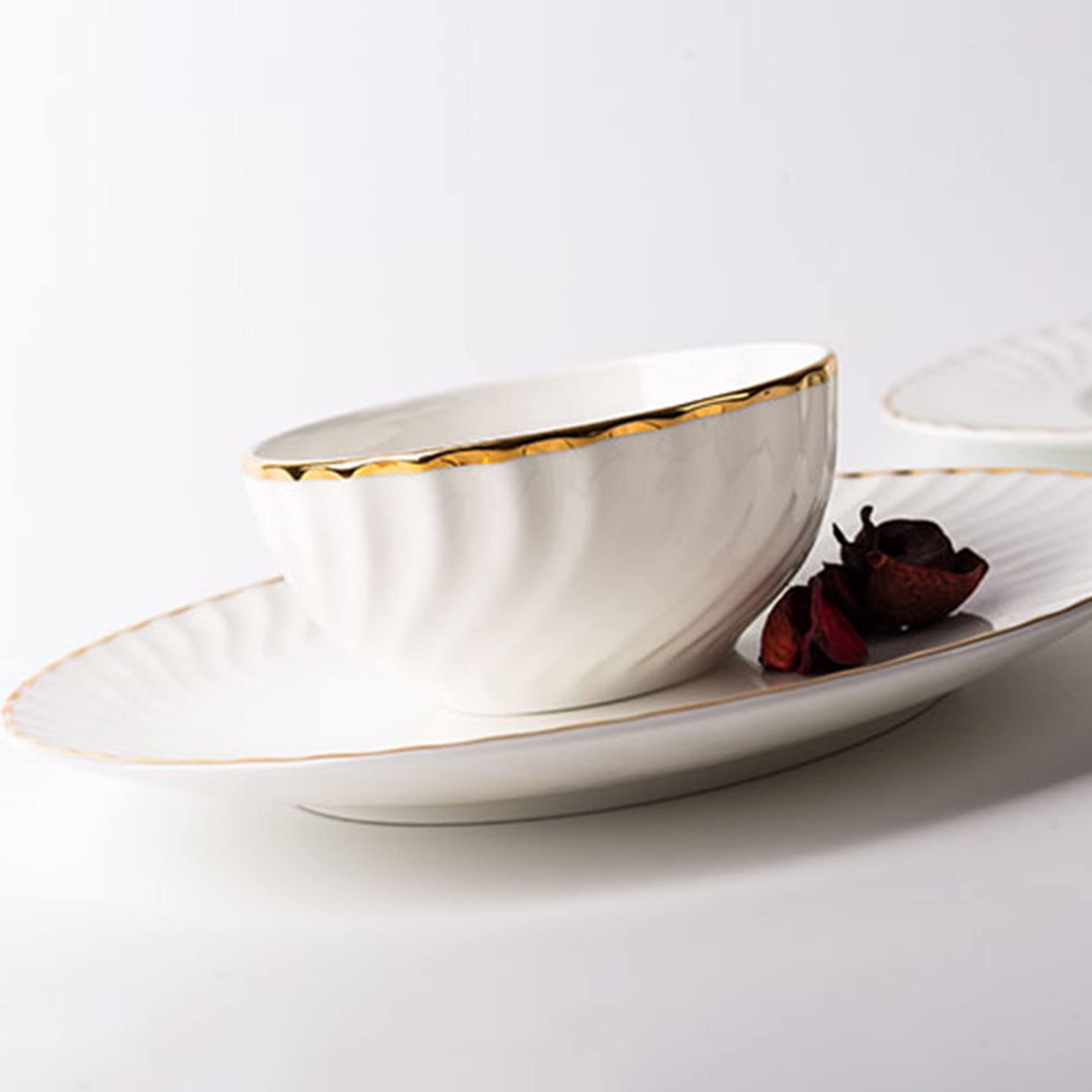 Okrągły zestaw obiadowy, ceramiczny zestaw obiadowy 28 szt., serwis na 6 naczyń, zestawy porcelany stołowej ze złotą obwódką, nowoczesny komplet obiadowy z pełną obsługą, zestawy talerzy i misek,
