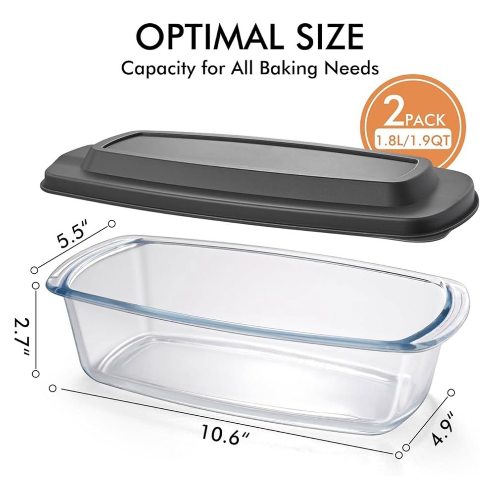 Paquete de 2 Moldes Grandes de Vidrio para Pan de 7,6 Tazas/1800 Ml/1,9 Cuartos de Galón, Aptos para Microondas y Horno - Moldes para Pan para Almacenar Alimentos