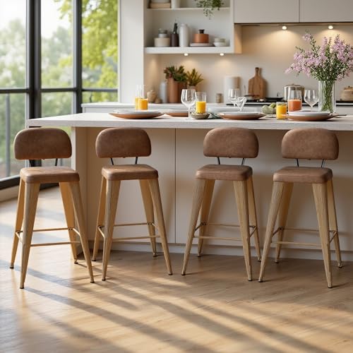 Image of 24 Inch Metal Bar stools Set of 4, Upholstered Counter Height Bar Stools with Removable Back & Metal Legs, Industrial Barstools for Kitchen Island, Cafe (Camel Seat, Wood-Grain Legs)
