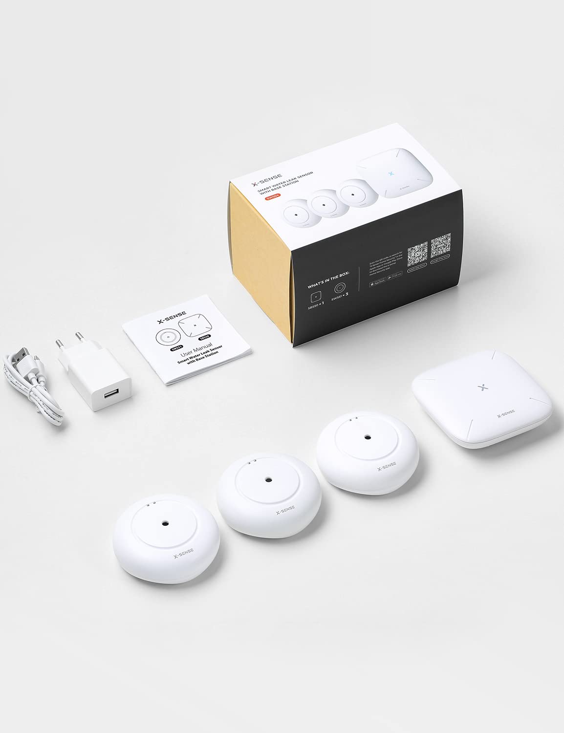 X-Sense Smart Wassermelder mit Batterie, WLAN Wassersensor, kompakter Überschwemmungssensor mit Einstellbarer Lautstärke von bis zu 110 dB sowie 500 m Reichweite, für Küchen, Keller und Badezimmer