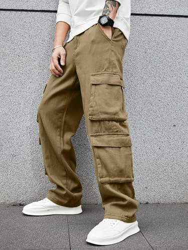Image of Men's 8 Pocket Cargo Pants | Premium Cotton Twill Baggy Fit Trousers | Stretchable Casual Streetwear Cargos | Mid Rise