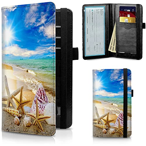 Image of FUYOCWE Leather Checkbook Covers for Men Women Check Book Holder Cover Wallets for Personal Checkbook Duplicate Checks with RFID Blocking & Elastic Strap-Beautiful Beach Seashells