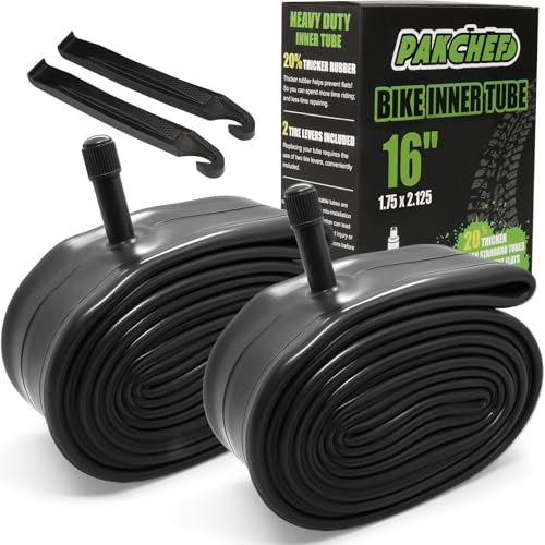 PAKCHEF Thick Bike Inner Tube 16 x 1.75 1.95 2.10 2.125 - Butyl Rubber Bicycle Tubes with 32mm Schrader Valve & 2 Tire Levers - Compatible with Kids Bikes BMX MTB (Set of 2)