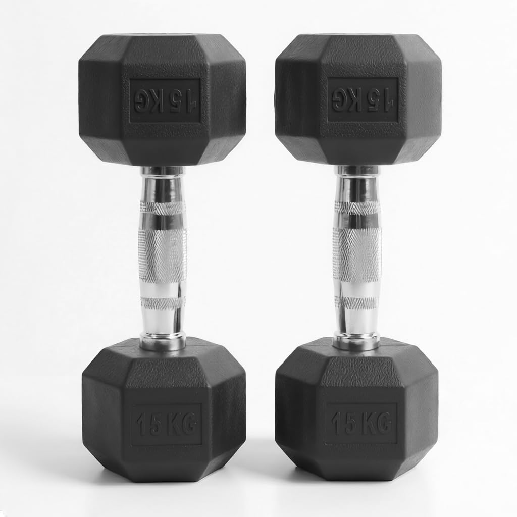 Hex Dumbbells Pair (2.5kg–30kg) | Rubber-Encased Cast Iron Hand Weights Anti-Roll Hex Design Strength Training & Home Gym Fitness Equipment for Men & Women (Black, 15KG Pair) — image 1