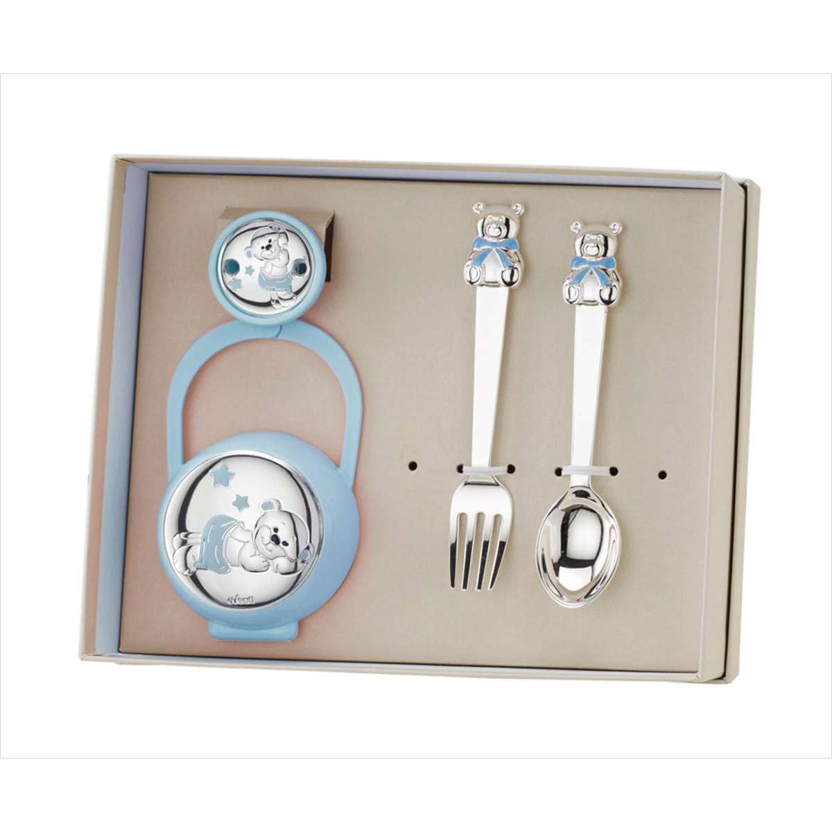Set Portachupetes con pinza y Cubiertos Oso en color Azul EV3566/07C