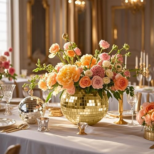 Image of 6 Pcs Disco Ball Vase,5 inch X 6 inch Disco Ball Centerpieces,Glass Disco Ball Planter Mirror Disco Ball Decor Can Be Used for Wedding Centerpieces,Birthday,Office(Gold)