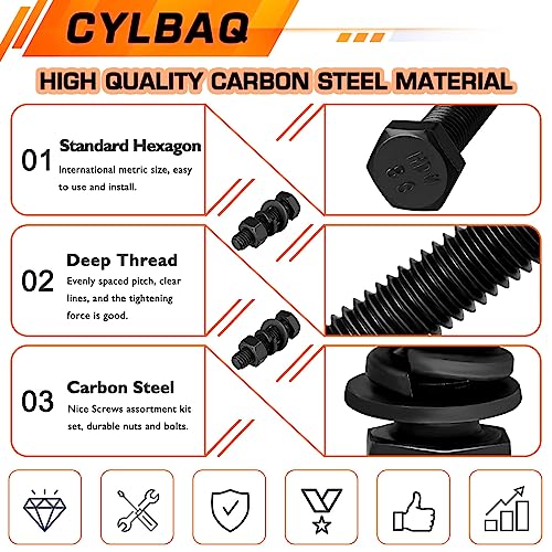 CYLBAQ 328PCS Hex Head Screws Bolts Nuts and Washers Set Kit, M3 M4 M5 M6 M8 M10 M12 Outer Hexagonal Screw Assortment Set - Image 3