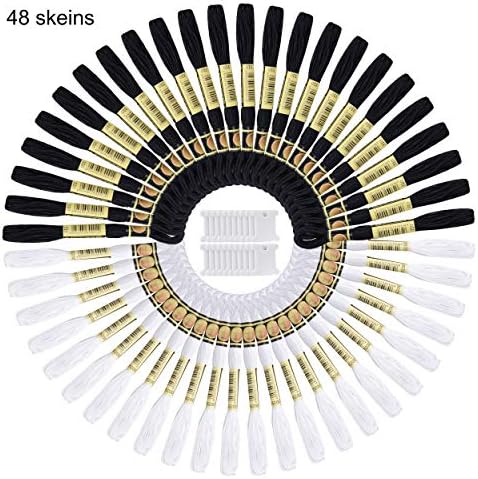 ZHAOER 48 Skeins Embroidery Thread - White and Black Embroidery Thread - String for Bracelet Making with 20 Pieces Floss Bobbins