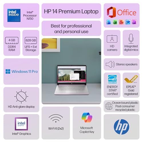 Image of HP Flagship 14 inch Laptop Computer for 2026 Business Student with Office Suite, Copilot AI, Intel Quad-Core CPU, 4GB RAM, 628GB Storage (128GB UFS+500GB Ext), Wi-Fi 6, HubxcelAccs, Win 11 Pro, Lavender