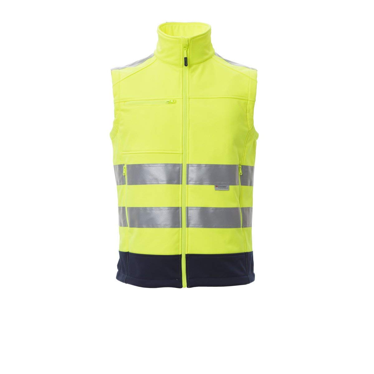 PAYPER Traffic Gilet Softshell Alta visibilità Uomo da Lavoro 100% Poliestere Chiusura Zip Bande Riflettenti Tasca al Petto Porta Badge Giallo Fluo/Blu Navy (3XL)