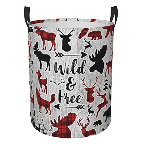 Image of Buffalo Plaid Woodland Moose Circular Protable Storage Bin Organizer Round Basket For Laundry Hamper With Handles Bedroom Dirty Clothes Small