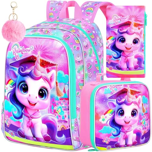 Image of AGSDON 3PCS Backpacks for Girls, 16 inch Elementary Kids Backpack Preschool School Bookbags and Lunch Box