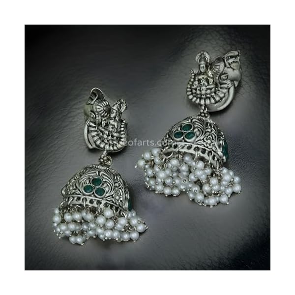 Oxidized Gold & Silver Dangle Earrings with Pearls and Turquoise Drops for Women - Image 4