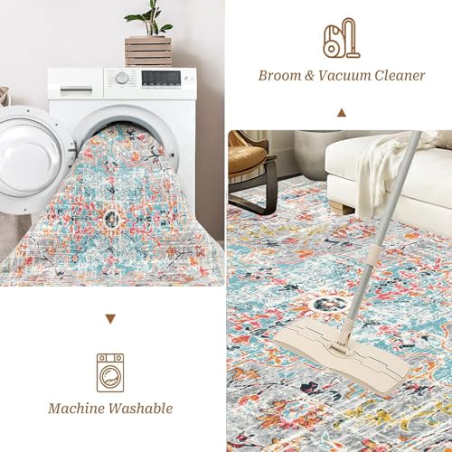 Pauwer Area Rugs 8x10 Clearance, Large Area Rug for Living Room, Machine Washable Area Rugs for Bedroom, Boho Farmhouse Vintage Floral Rugs, Non Slip Low Pile Accent Rug Floor Mat Carpet