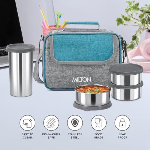 Image of MILTON Daily Meal Lunch Box with Unisex Bag, 3 Stainless Steel Containers 300 ml Each & Tumbler 400 ml, Leak-Proof Tiffin for Office, College, Picnic, Teal Green