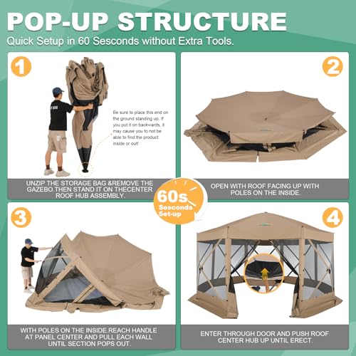 Image of COBIZI 15x15 FT Pop Up Gazebo - Canopy Tent, Large Gazebos On Clearance,Instant Screened in Gazebo,carpas para Patio,Portable Screen Tents for 12-15 Persons Outdoor Camping, Backyard,Khaki