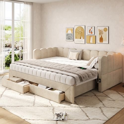TIZZ Cama tapizada 90 x 200 cm, diván, sofá cama extensible a 180 cm, con 2 cajones para almacenamiento, sofá cama, con puerto USB, chenilla beige