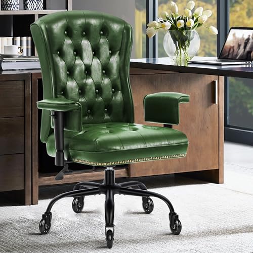 YAMASORO PU Leather Ergonomic Vintage Office Chair with Wheels and Arms,Executive Desk Chairs Comfortable Rocking Task Chairs Tufted Back & Nailhead Trim, Green