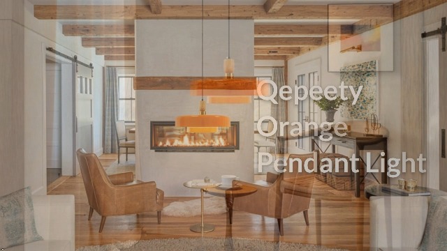 Image of Retro Orange Disc Pendant Light, Mid Century Modern Adjustable Hanging Lighting, 70s Style Hanging Lamp with Wood Accent for Living Room Kitchen Island