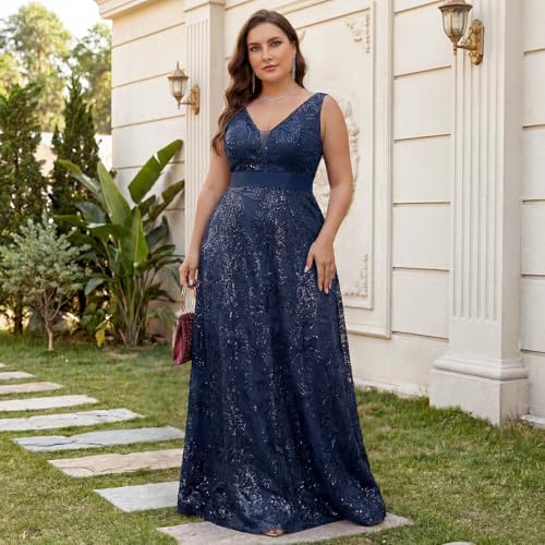 Image of Plus Size Formal Dresses for Women with Embroidery Sequin and V-Neck, A-Line Maxi Dress for Wedding and Cocktail
