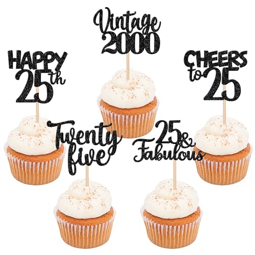 30 pezzi Vintage 2000 Cupcake Toppers Glitter Happy 25th Compleanno Decorazione torta Cheers to 25 Fabulous Twenty One Cake Decorazione per 25° Compleanno Matrimonio Anniversario Party Nero