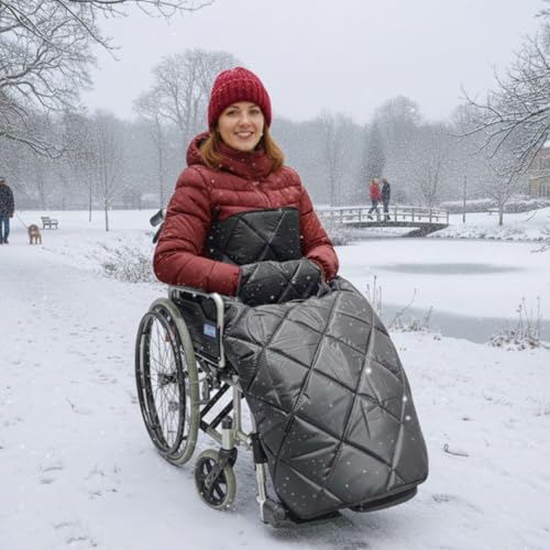 Rollstuhldecke für Erwachsene warme Rollstuhl Decke für Rollstuhlfahrer mit Fußteil außen regenabweisendes Material innen weiches Lammfell-Fleece wind- & wasserabweisende Beindecke in Schwarz