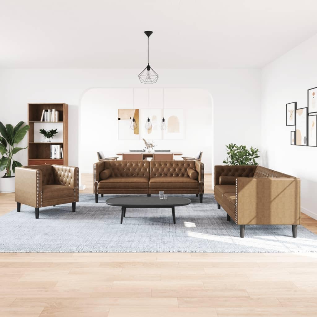 Set di 3 divani Chesterfield in similpelle scamosciata marrone, per soggiorno e camera degli ospiti, mobili imbottiti con vano portaoggetti, comodo set di seduta, ideale per rilassarsi