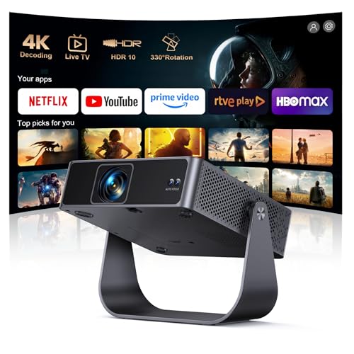 Proyector 4K【Netflix Ready+TV Directo】 Proyector Portatil App Integrada Auto Focus/Keystone 1080P FHD Nativo con HDR10, Giro 330° WiFi Bluetooth Mini Proyectors Projector Cine en Casa/Exterior/HDMI