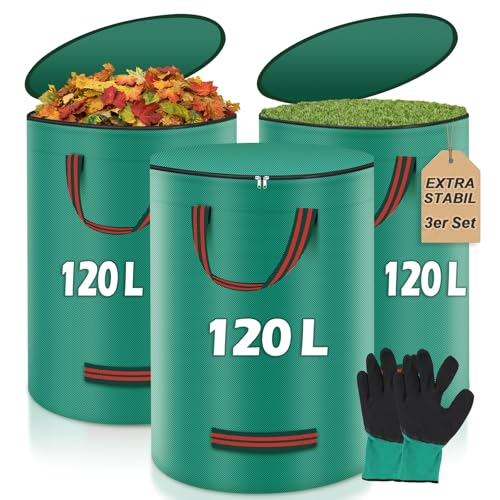 Miaglury Lot de 3 sacs à déchets de jardin de 120 l avec gant, sac à feuilles, sac de jardin avec couvercle et 4 poignées, solides, autoportants, sacs à déchets de jardin, sacs à déchets verts pour