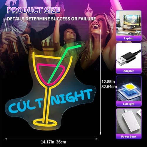 Image of Cult Night LED Neon Sign - 14.17x12.85 Inches, USB Powered, Dimmable with Remote Control, Perfect for Home Decor, Gaming Room, and Party Lighting