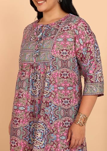 Image of Yash Gallery Women's Polyester Relaxed Fit Short Floral Placet 3 /4 Sleeve and Keyhole Neck Printed Kurti
