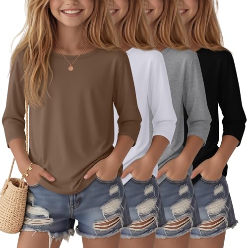 Image of 4 Pack Girls 3 /4 Sleeve T Shirts Kids Crewneck Elbow Sleeve Casual Tops Solid Basic Cute Teen Tees 5-14Y