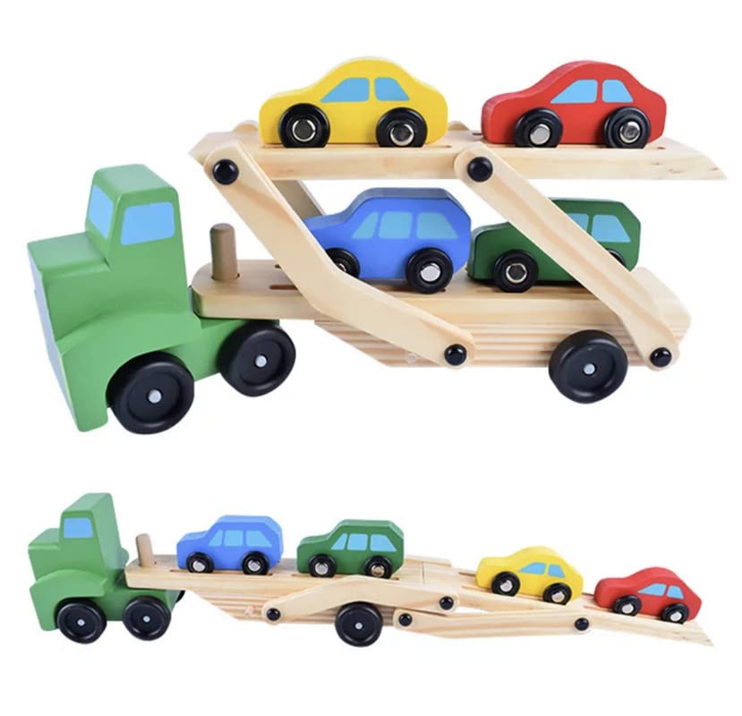 Image of Wooden Truck and Cars Toy Set | Large Double Deck Transport Vehicle with 1 Truck & 4 Colorful Cars | Ideal Educational Toy for Kids, Encourages Fine Motor Skills & Imaginative Play